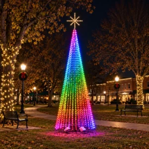 Colorful LED Christmas tree in a decorated town square