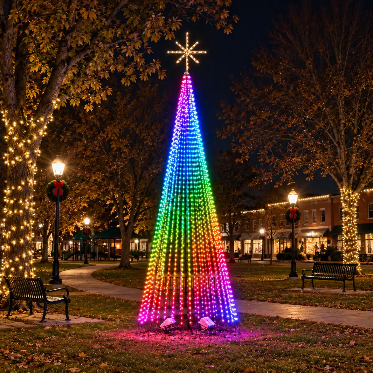 Colorful LED Christmas tree in a decorated town square