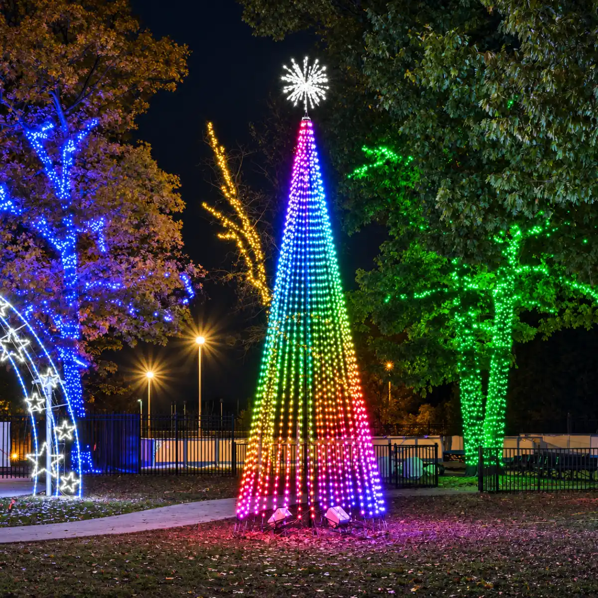 Rainbow LED Christmas tree among illuminated park trees