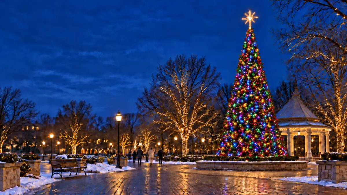 Illuminated Christmas tree in snowy park at dusk