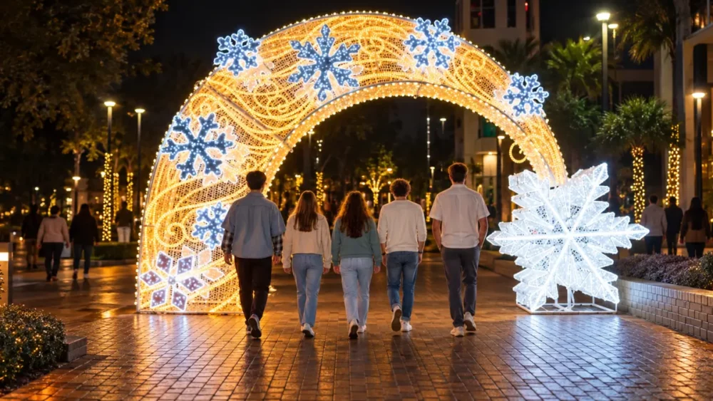 Friends walk beneath illuminated holiday arch at night