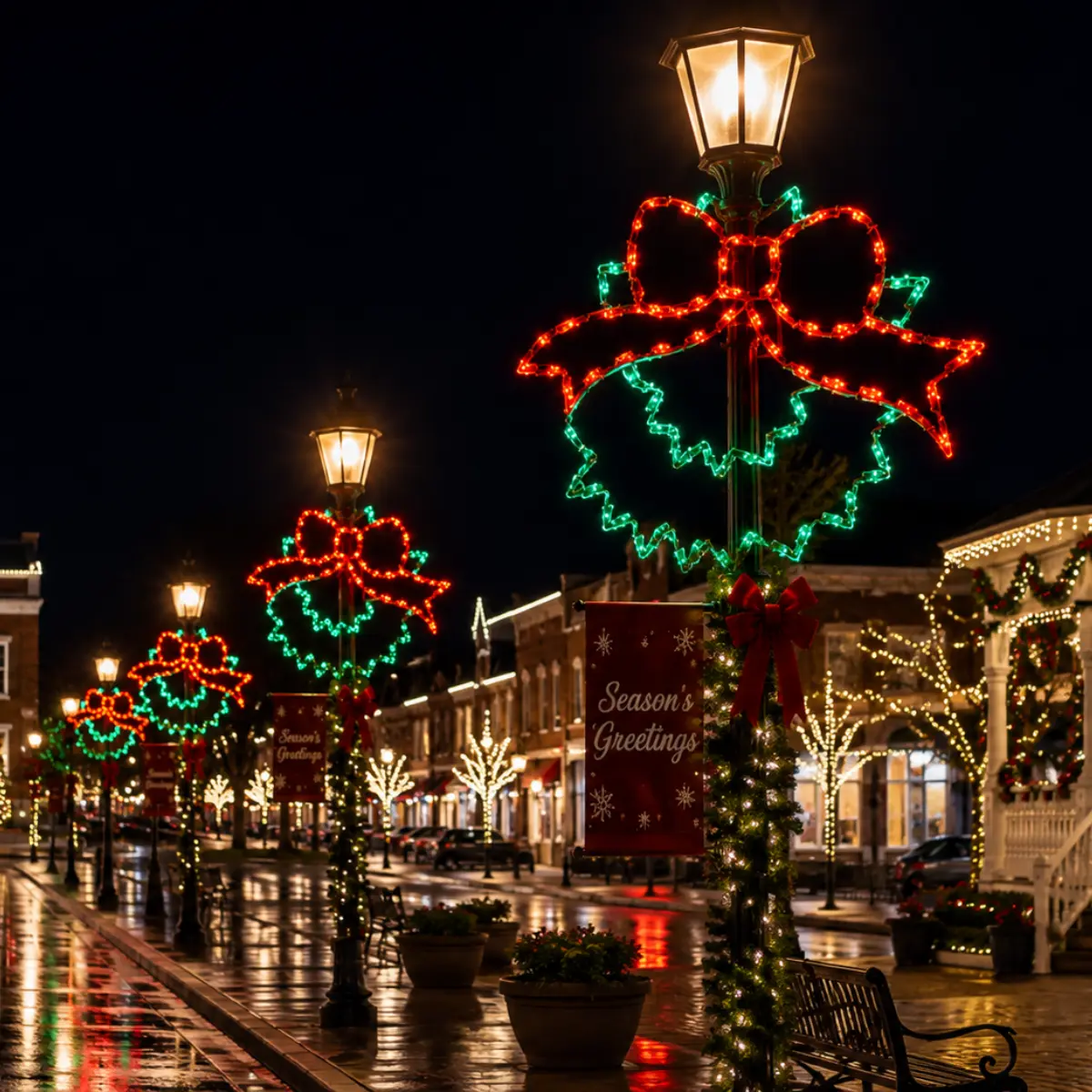 Holiday-lit lampposts line a rainy downtown street at night
