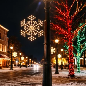 Snowy downtown street glowing with holiday lights at night